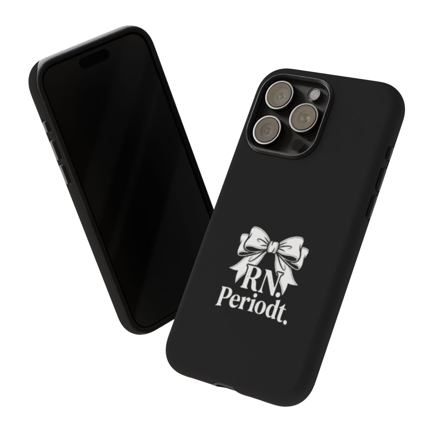 Front view of RN Phone Case with bold white bow print