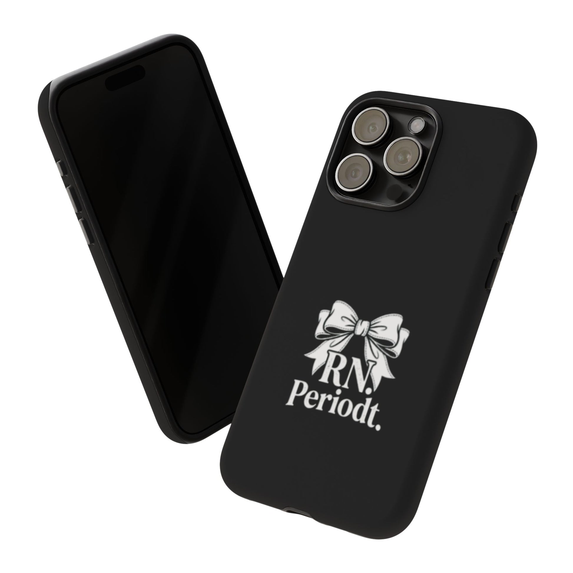 Front view of RN Phone Case with bold white bow print