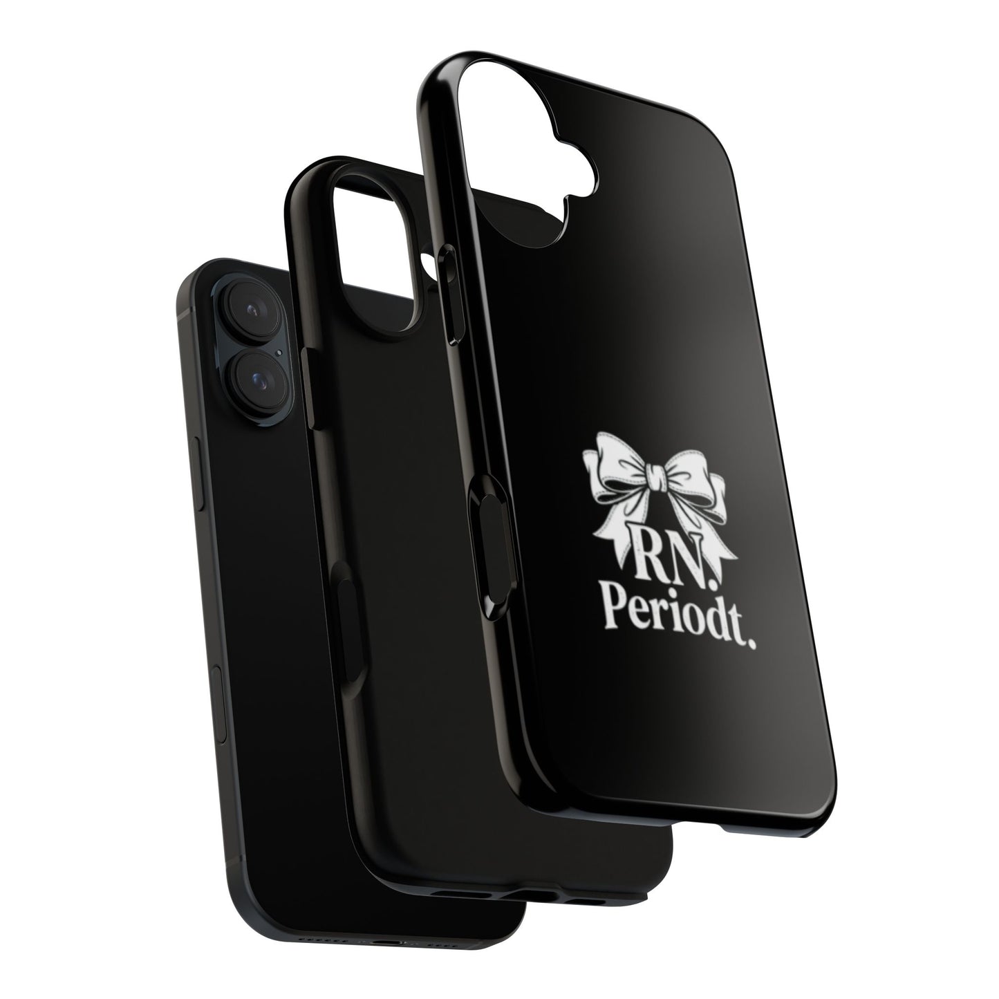 Front view of RN Phone Case with bold white bow print