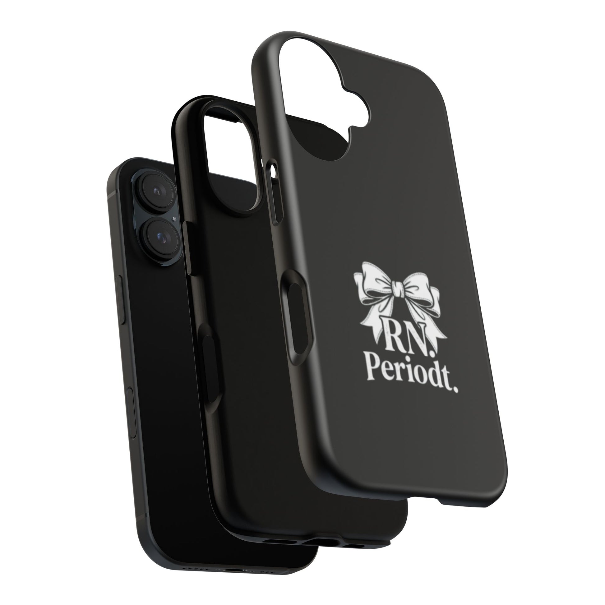 Front view of RN Phone Case with bold white bow print