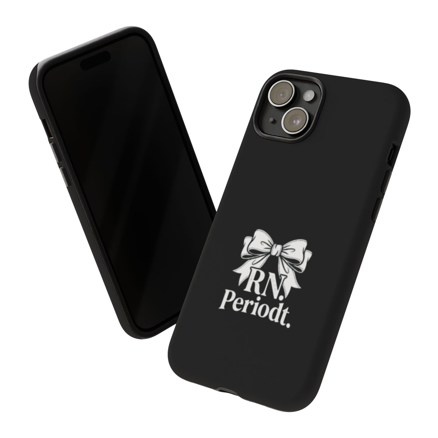 Front view of RN Phone Case with bold white bow print
