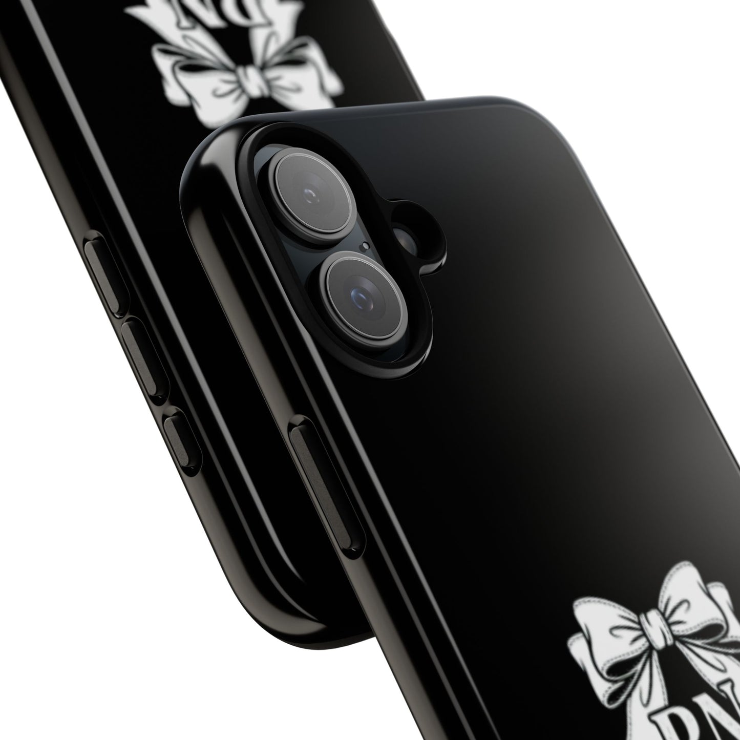 Front view of RN Phone Case with bold white bow print