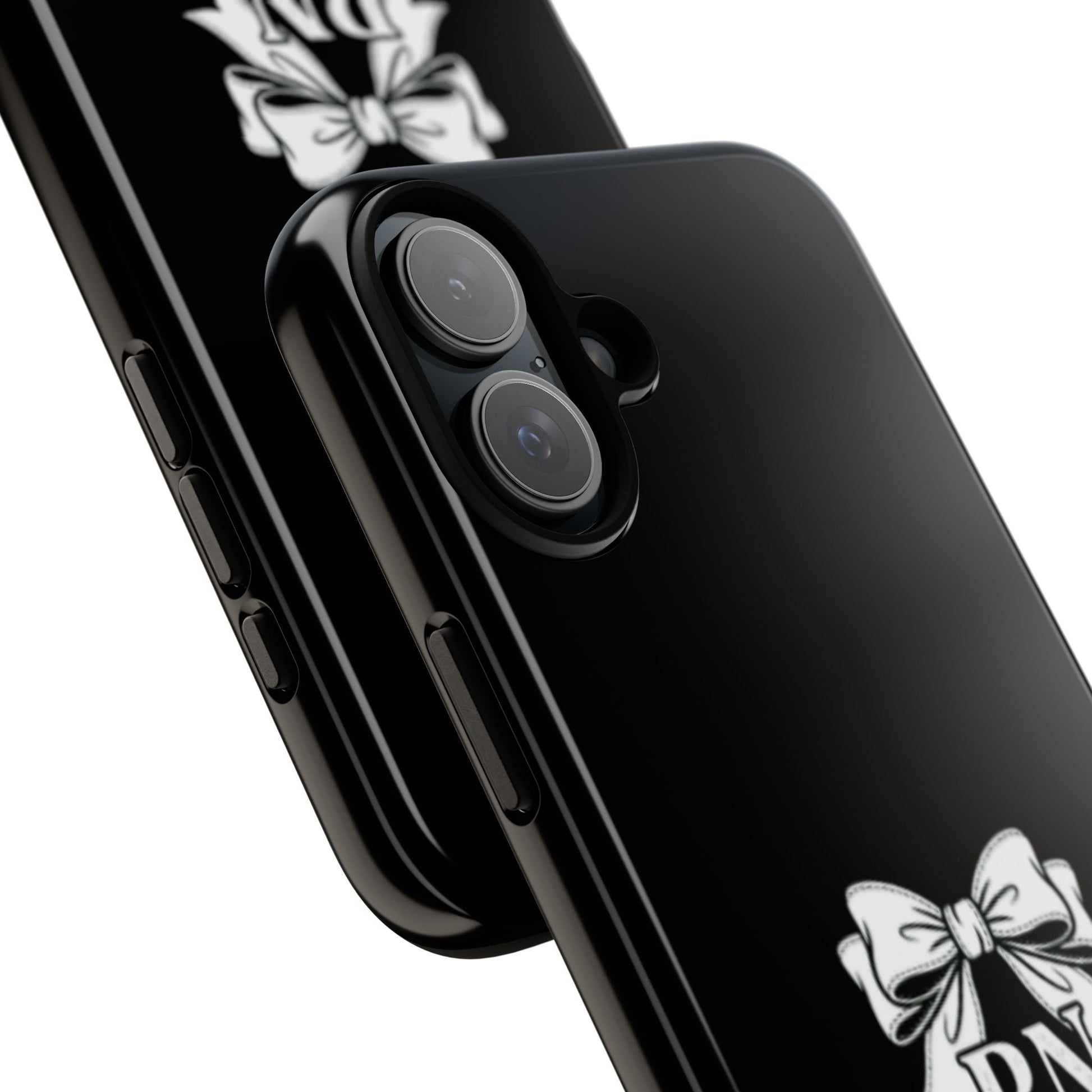 Front view of RN Phone Case with bold white bow print