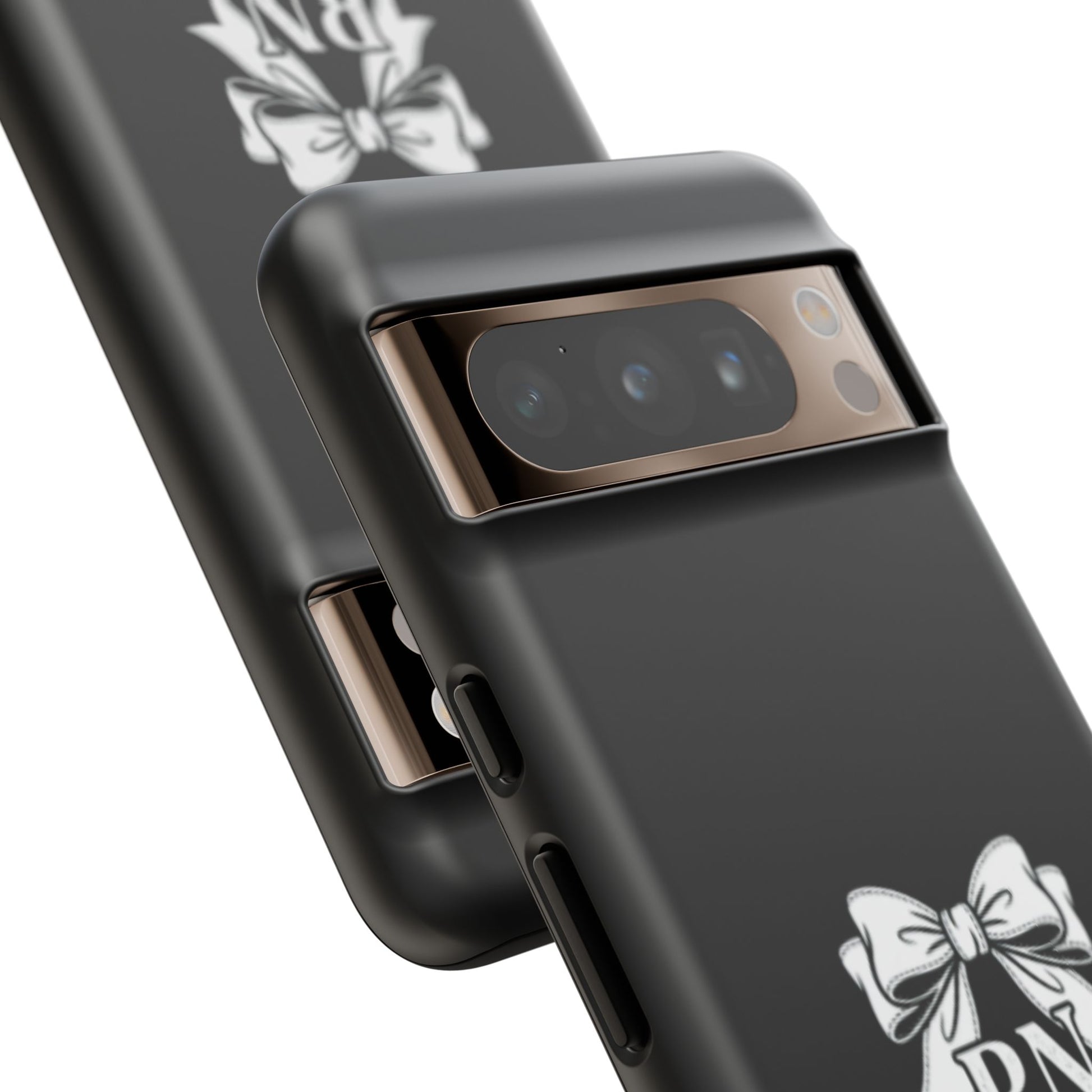 Front view of RN Phone Case with bold white bow print